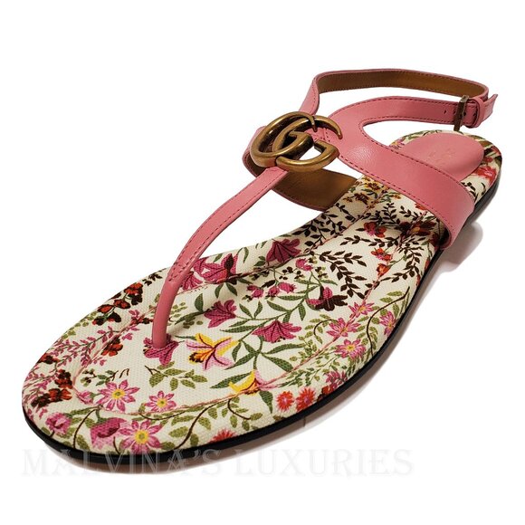 GUCCI SHOES DOUBLE G MARMONT LOGO LEATHER THONG FLORAL SOLE SANDAL sz 40 10 - Picture 6 of 16